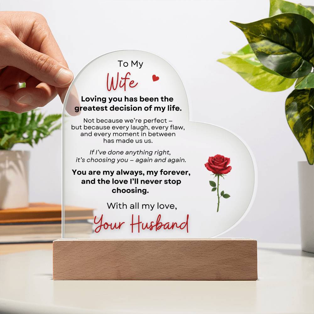 To My Wife Heart Acrylic Plaque with LED Base – Romantic Valentine's Gift from Husband