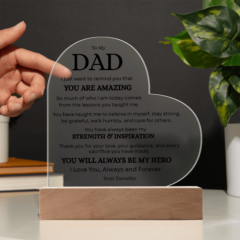 Lifestyle preview of personalized Dad acrylic plaque with heartfelt message and LED base