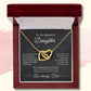 18k yellow gold finish interlocking hearts necklace displayed in a luxury mahogany-style gift box with a message card from Dad to his daughter.