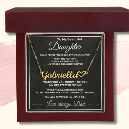 18K yellow gold finish personalized name necklace for daughter displayed with heartfelt message card from Dad.