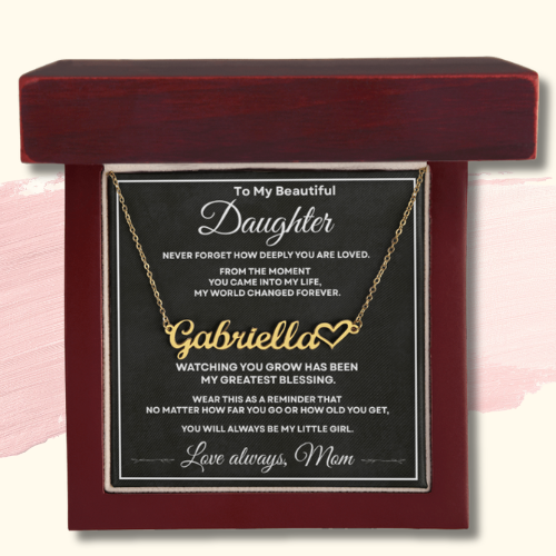 18K yellow gold finish personalized name necklace for daughter displayed with heartfelt message card from Mom.