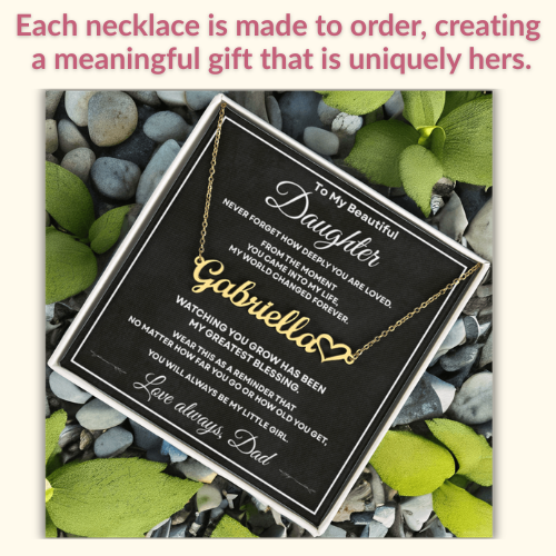 Gold personalized daughter name necklace showing a made-to-order custom gift created with her chosen name.