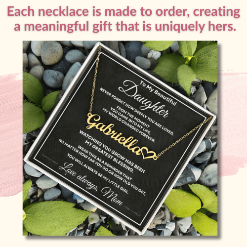 Gold personalized daughter name necklace showing a made-to-order custom gift created with her chosen name.