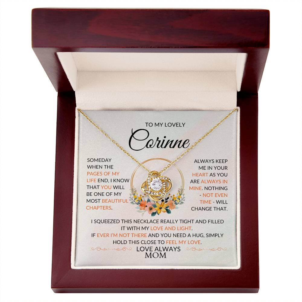 Luxury mahogany gift box with LED spotlight featuring personalized Love Knot necklace