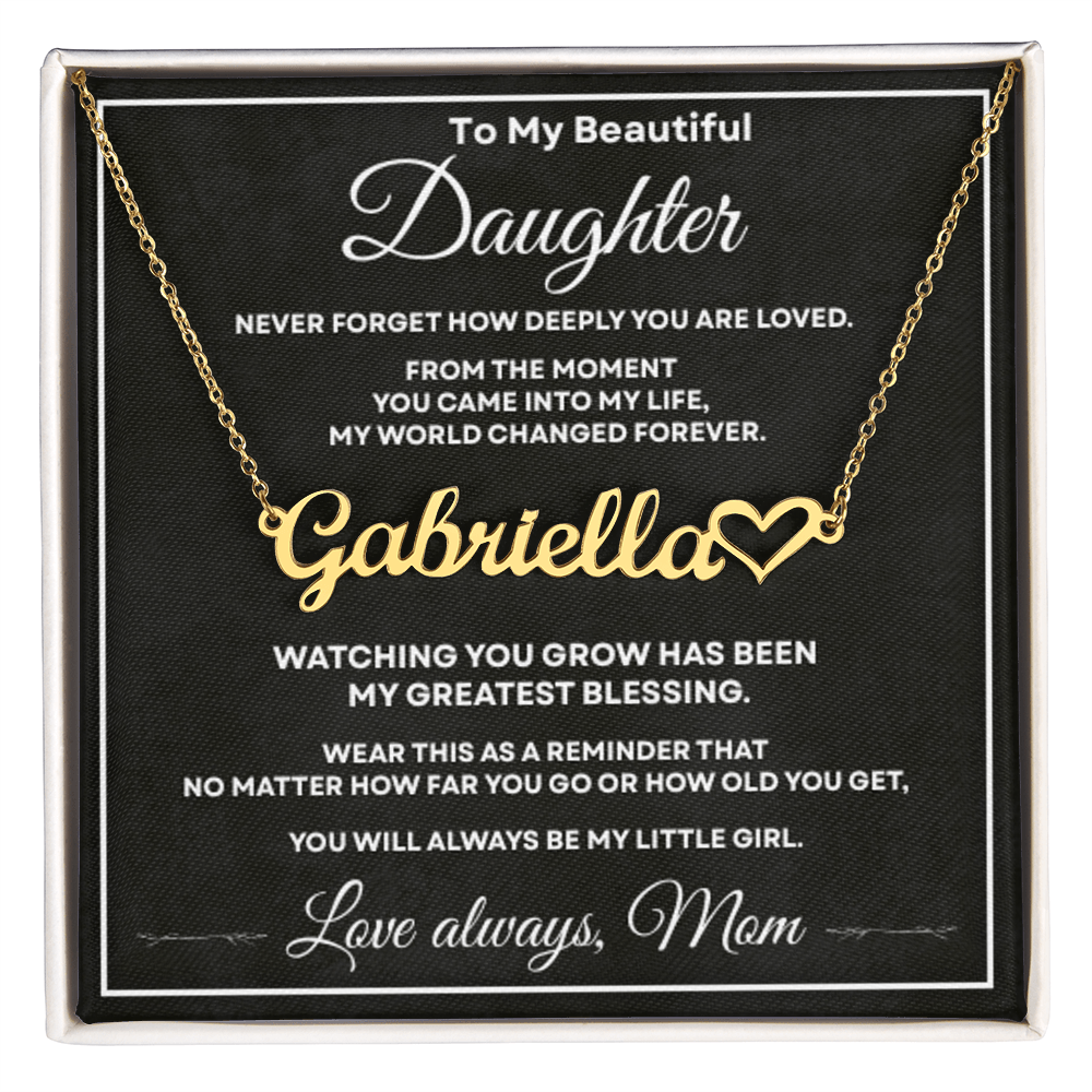 Personalized silver name necklace for daughter from Mom displayed on a heartfelt To My Beautiful Daughter message card.