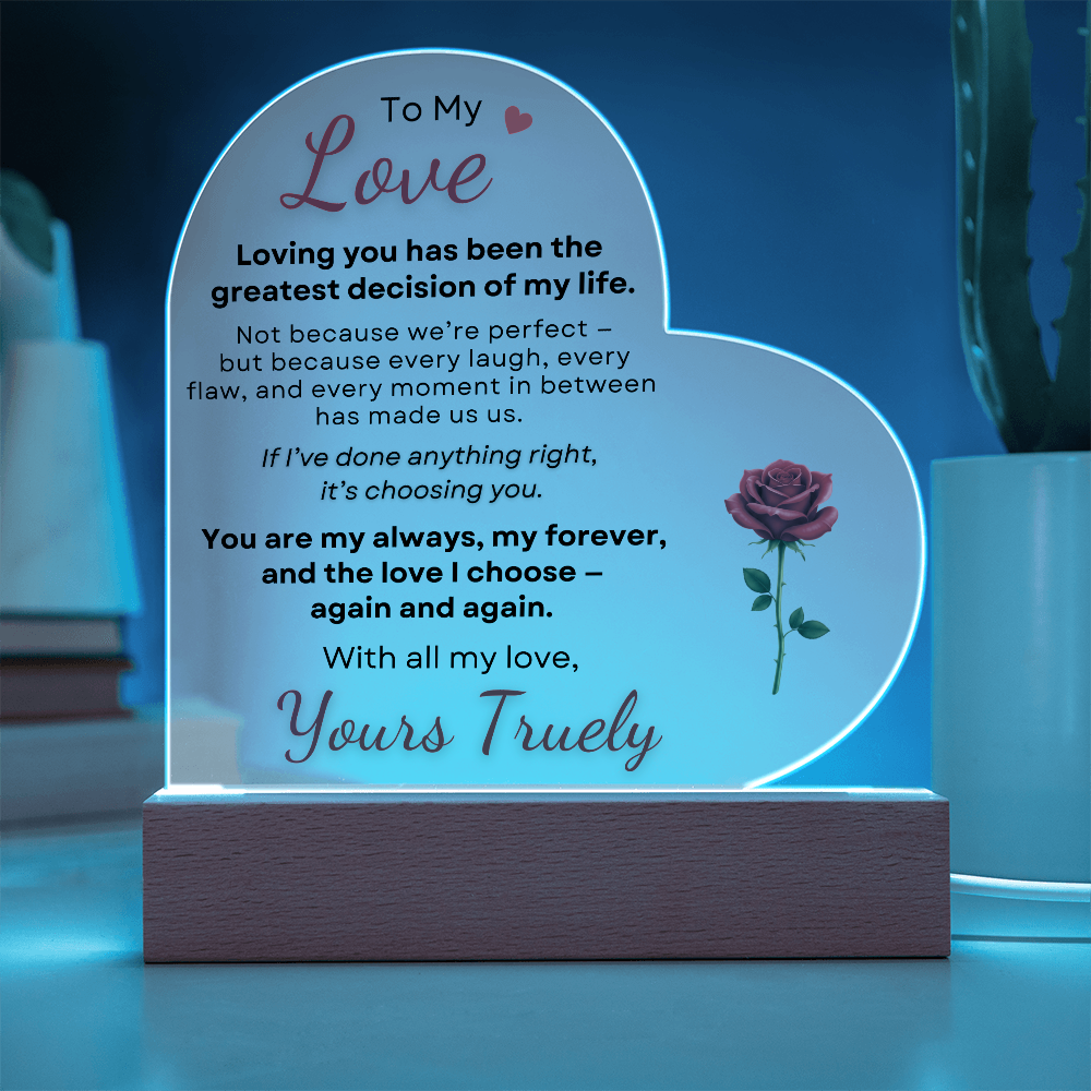 Heart acrylic plaque with blue LED light romantic to my love gift