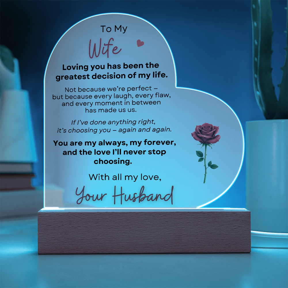 Heart acrylic plaque with blue LED light romantic wife gift