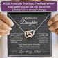 Promotional graphic with the heading A Gift From Dad That Says I'm Always Here, showing an open gift box with the interlocking hearts necklace and a heartfelt message card.