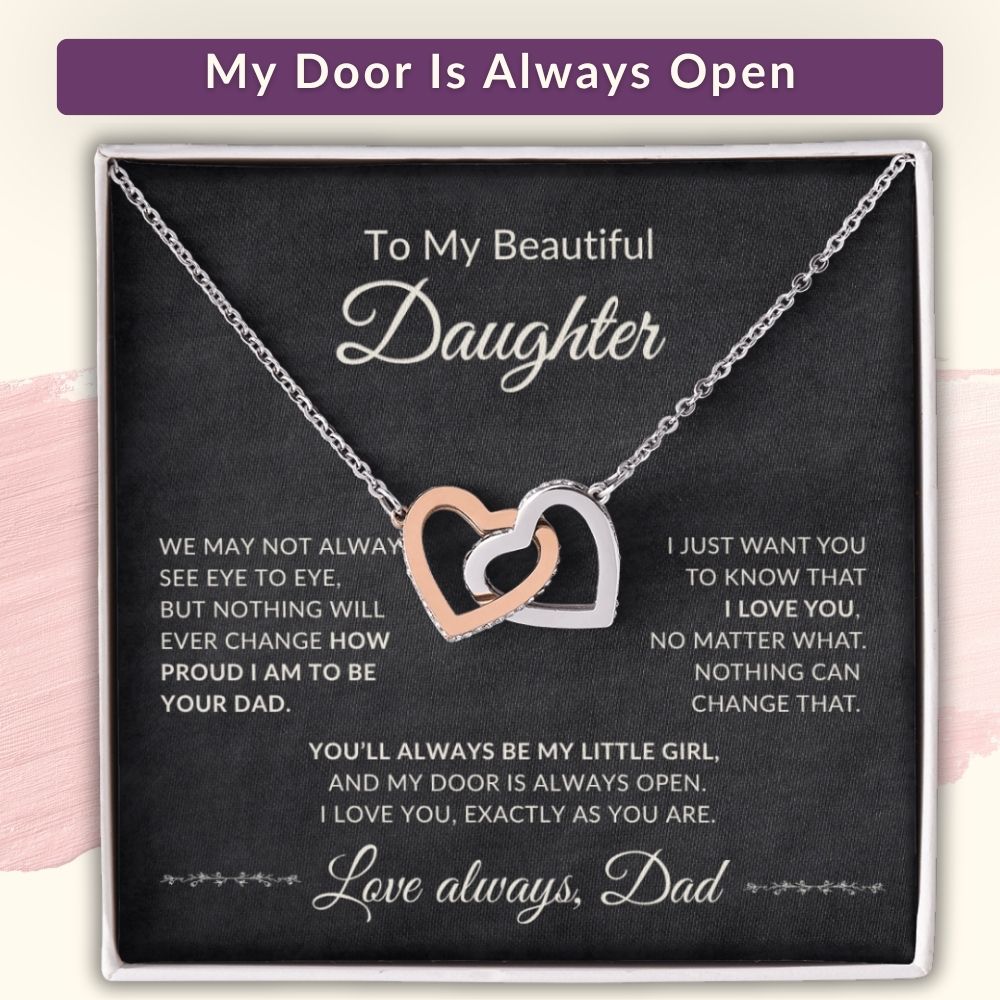 Promotional graphic titled My Door Is Always Open featuring an interlocking hearts necklace and a message card from Dad about unconditional love.