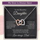 Promotional graphic titled My Door Is Always Open featuring an interlocking hearts necklace and a message card from Dad about unconditional love.