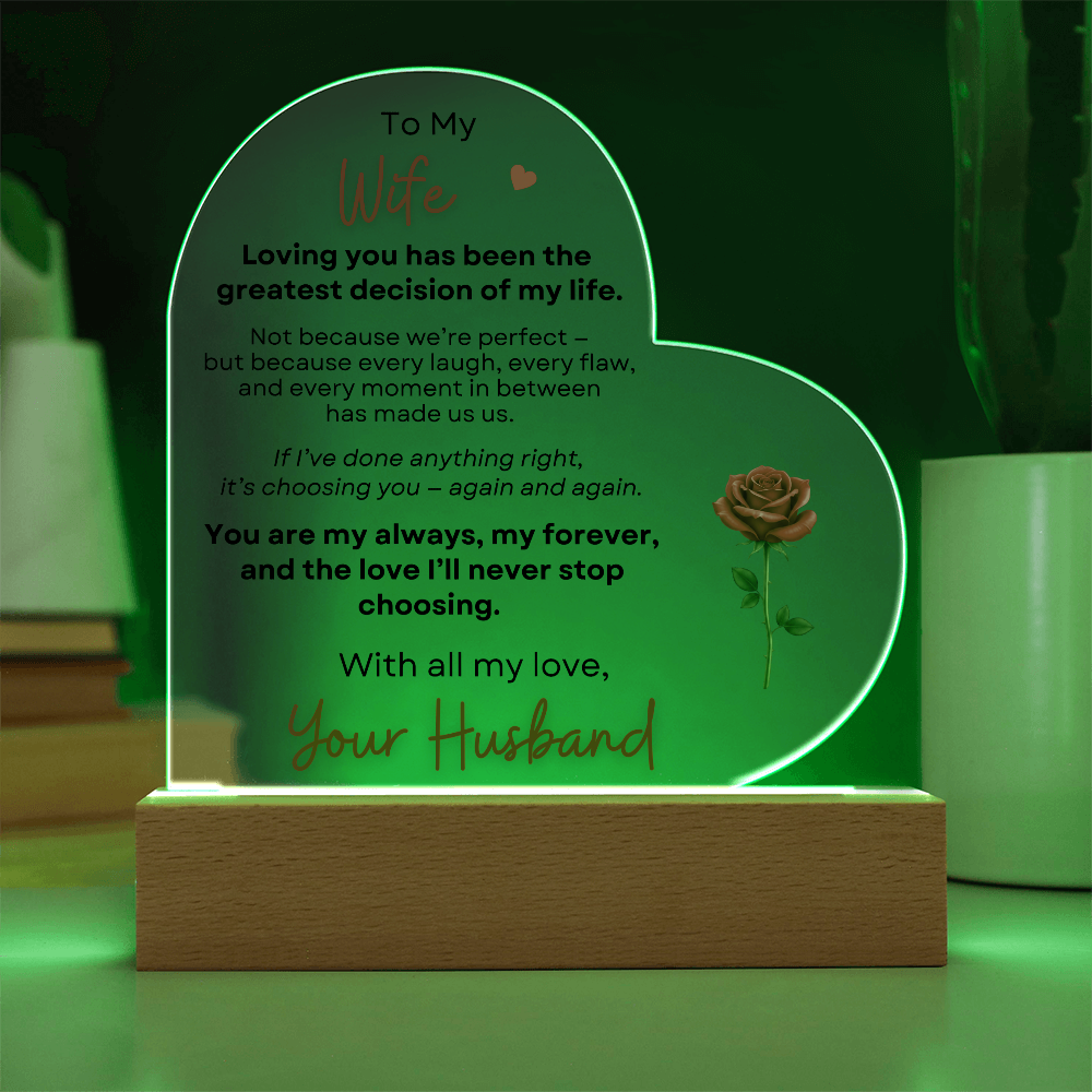 Heart acrylic plaque with green LED light romantic wife gift