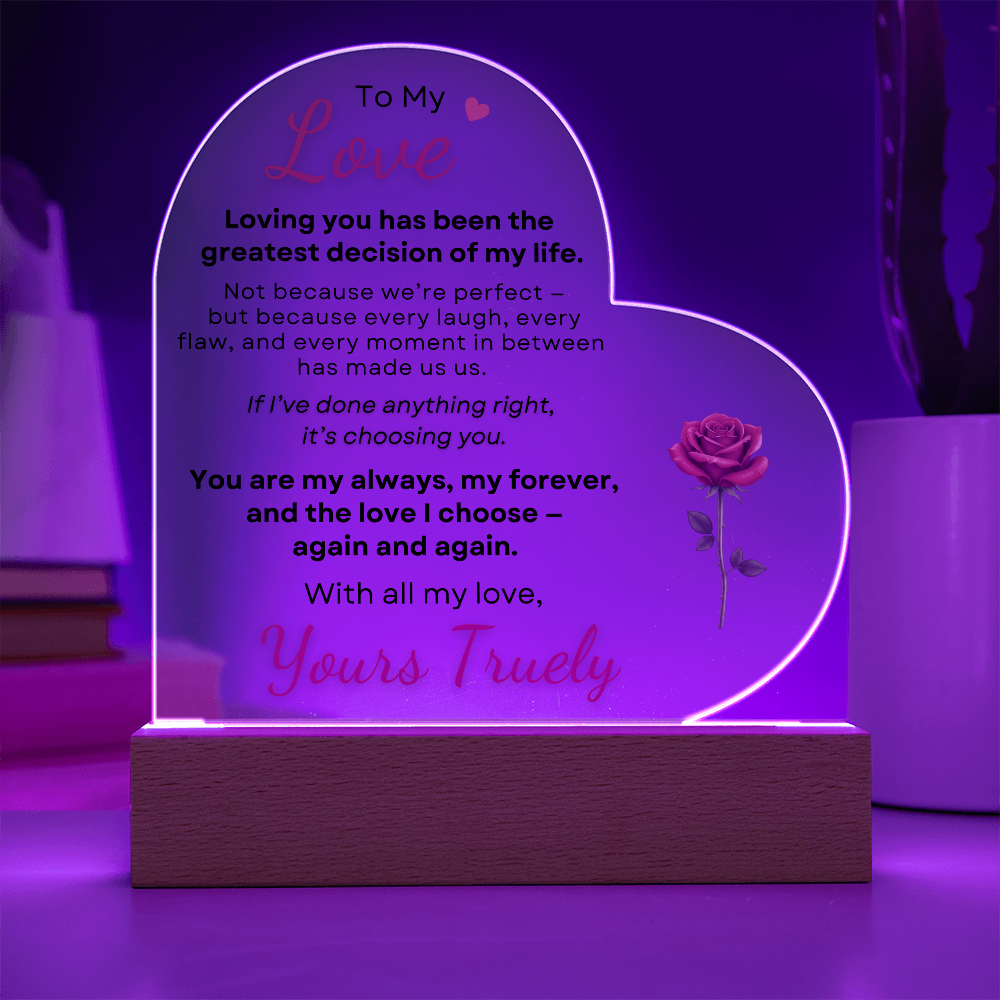 Heart acrylic plaque with purple LED light romantic to my love gift