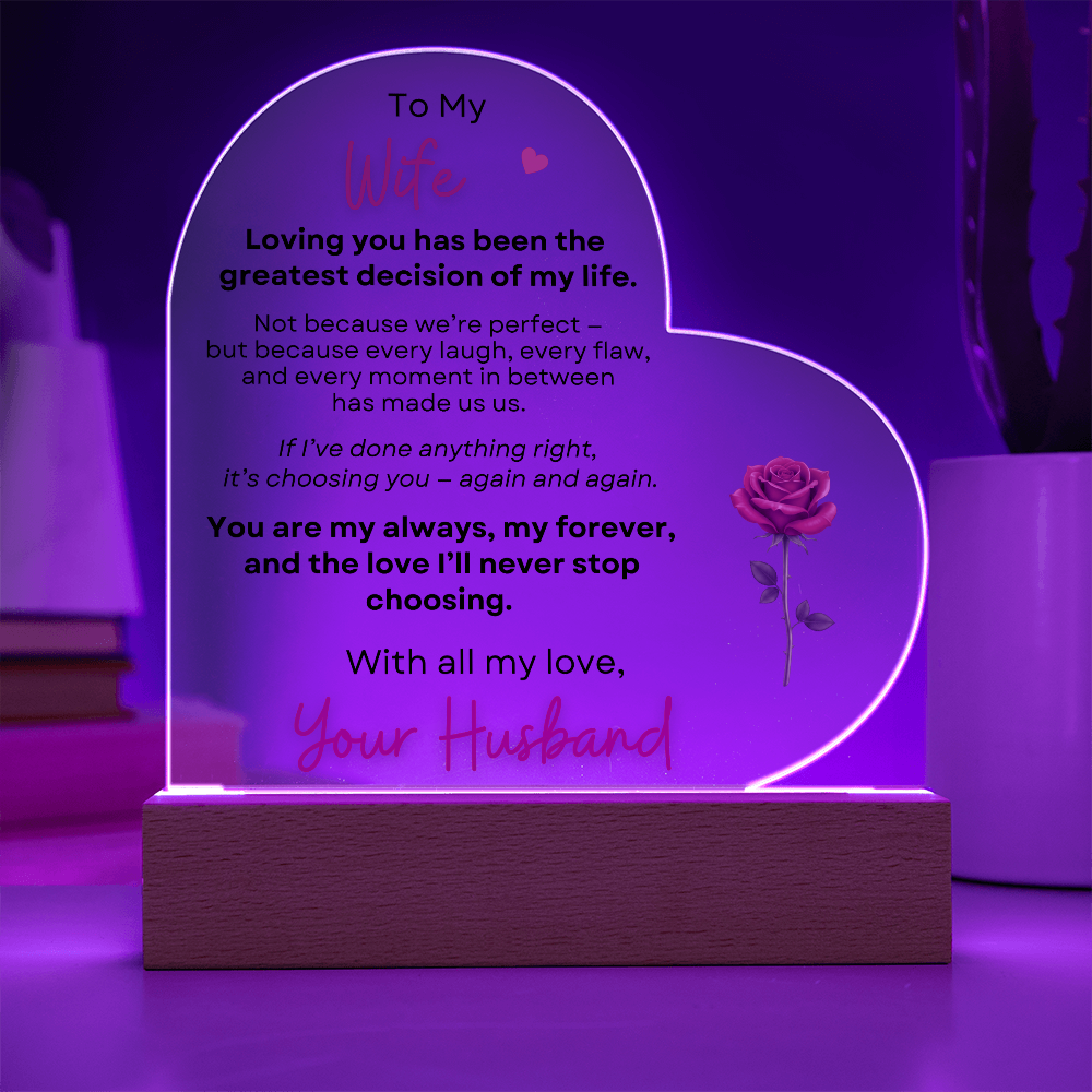Heart acrylic plaque with purple LED light romantic wife gift