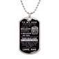 A silver  milatary style dog tag necklace with a message from dad to son on a white background.