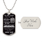 A silver dog tag necklace with a message to son from dad featuring a lion.  A separate picture of the back of the necklace that states "your words here".  Both photos are on a white background. 