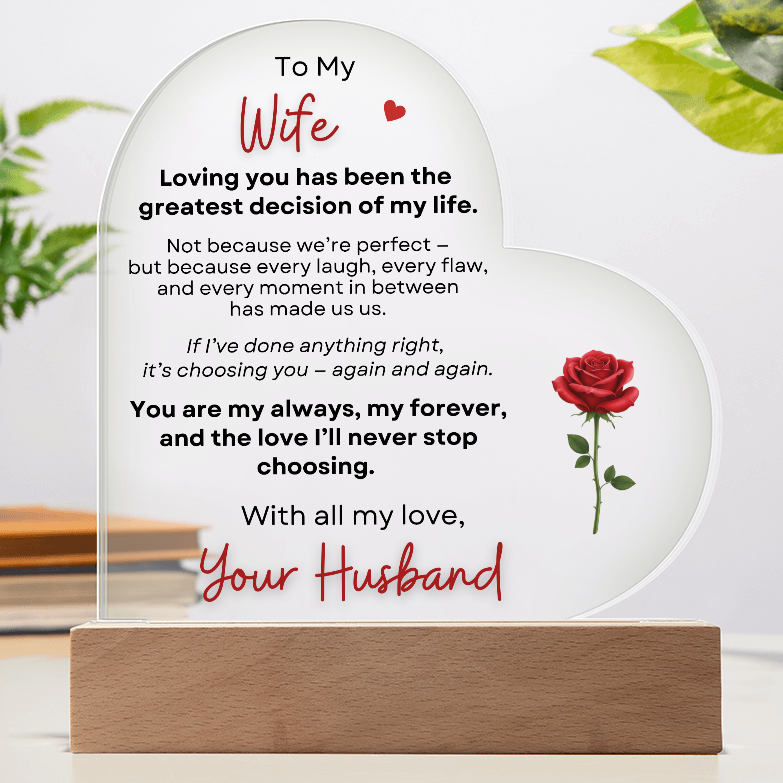 To My Wife heart acrylic plaque displayed on wooden LED base in home decor setting