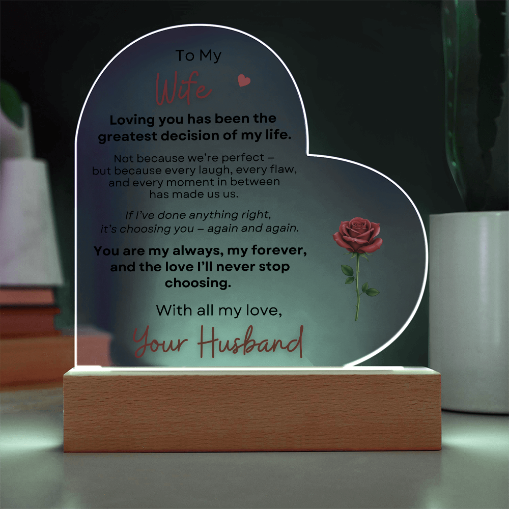 Heart acrylic plaque with white LED light romantic wife gift