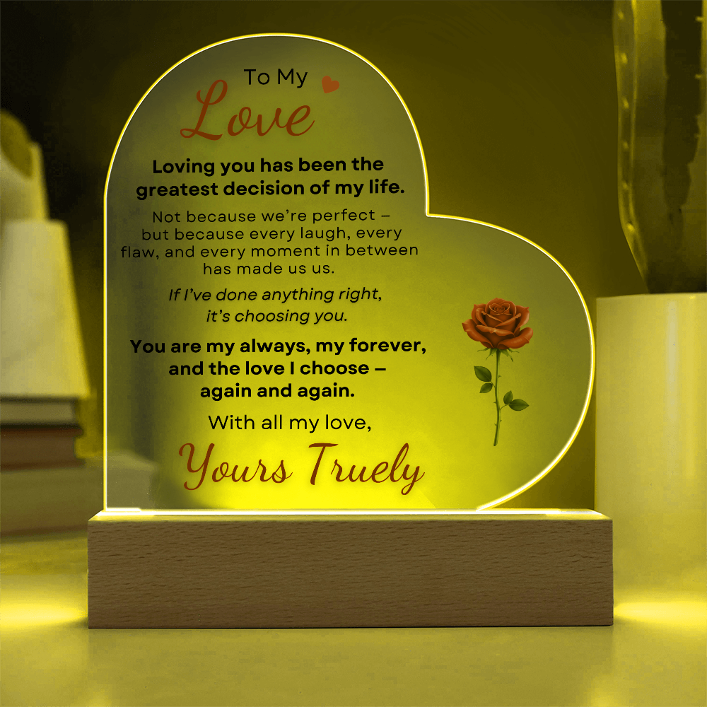 Heart acrylic plaque with yellow LED light romantic to my love gift