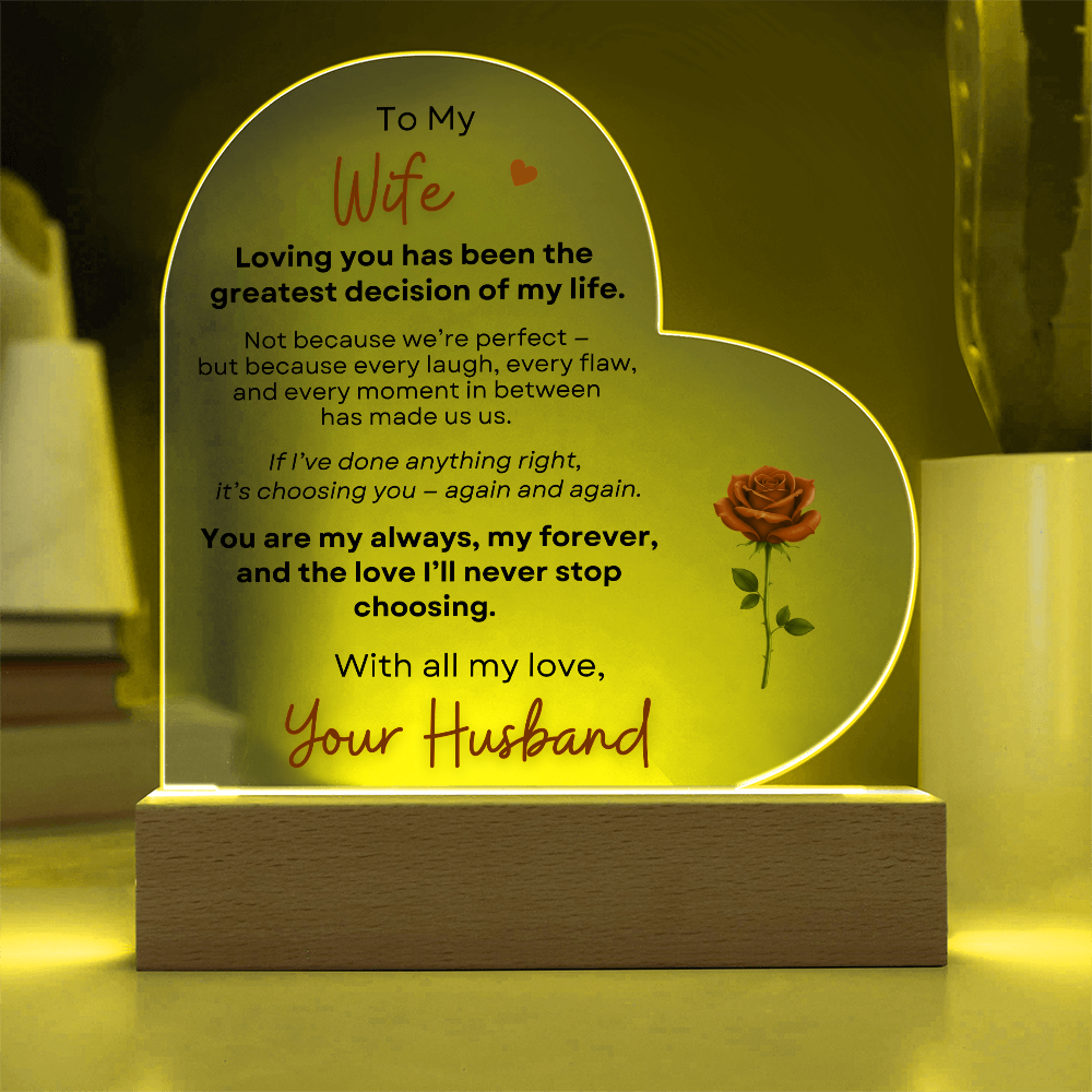 Heart acrylic plaque with yellow LED light romantic wife gift