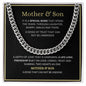A stainless steel Cuban link chain necklace with a heartfelt message in the center, presented on a black background.