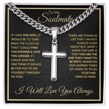A stainless steel cross necklace with an accompanying chain and a pendant that reads 'To My Soulmate' with a quote about love and commitment.