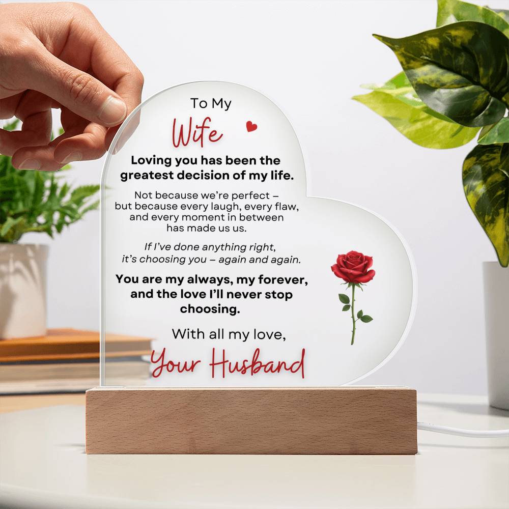 To My Wife Heart Acrylic Plaque with LED Base – Romantic Valentine's Gift from Husband