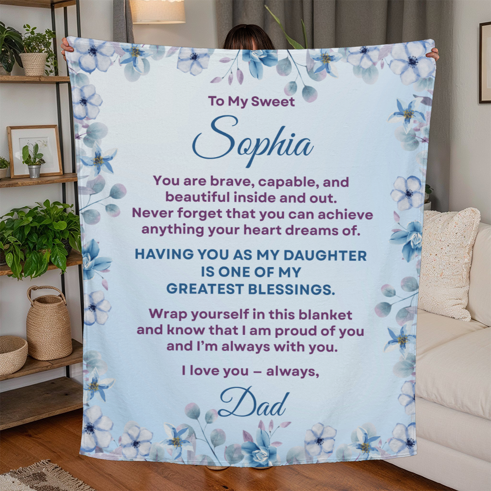Personalized Daughter Blanket from Dad, Blue Floral Jersey Fleece Throw Gift