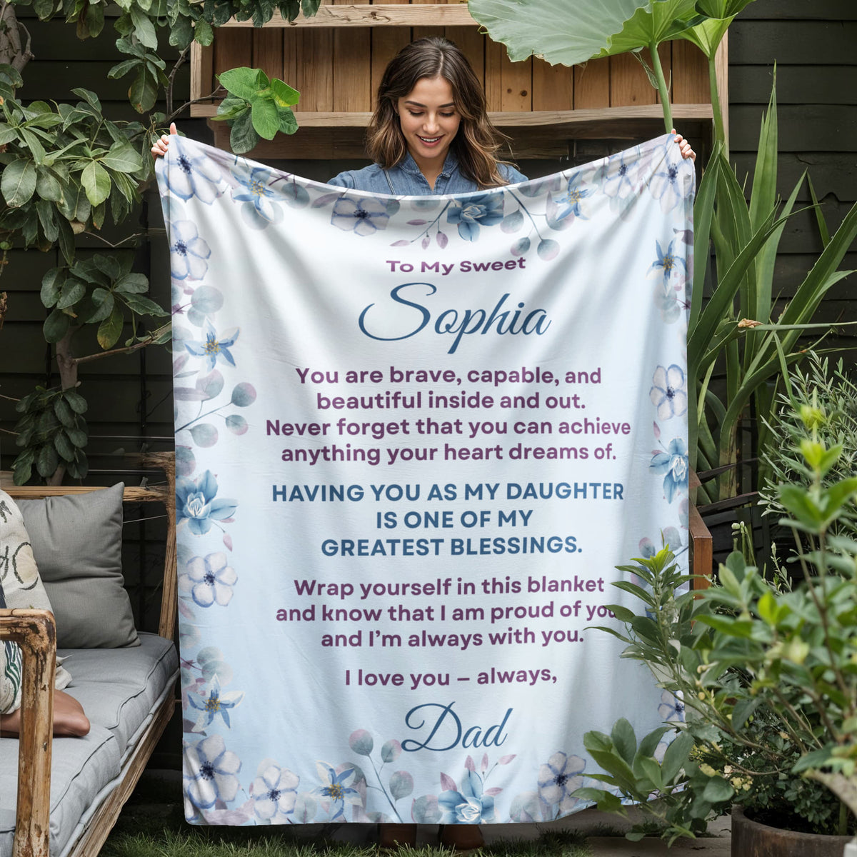 Personalized Daughter Blanket from Dad, Blue Floral Jersey Fleece Throw Gift