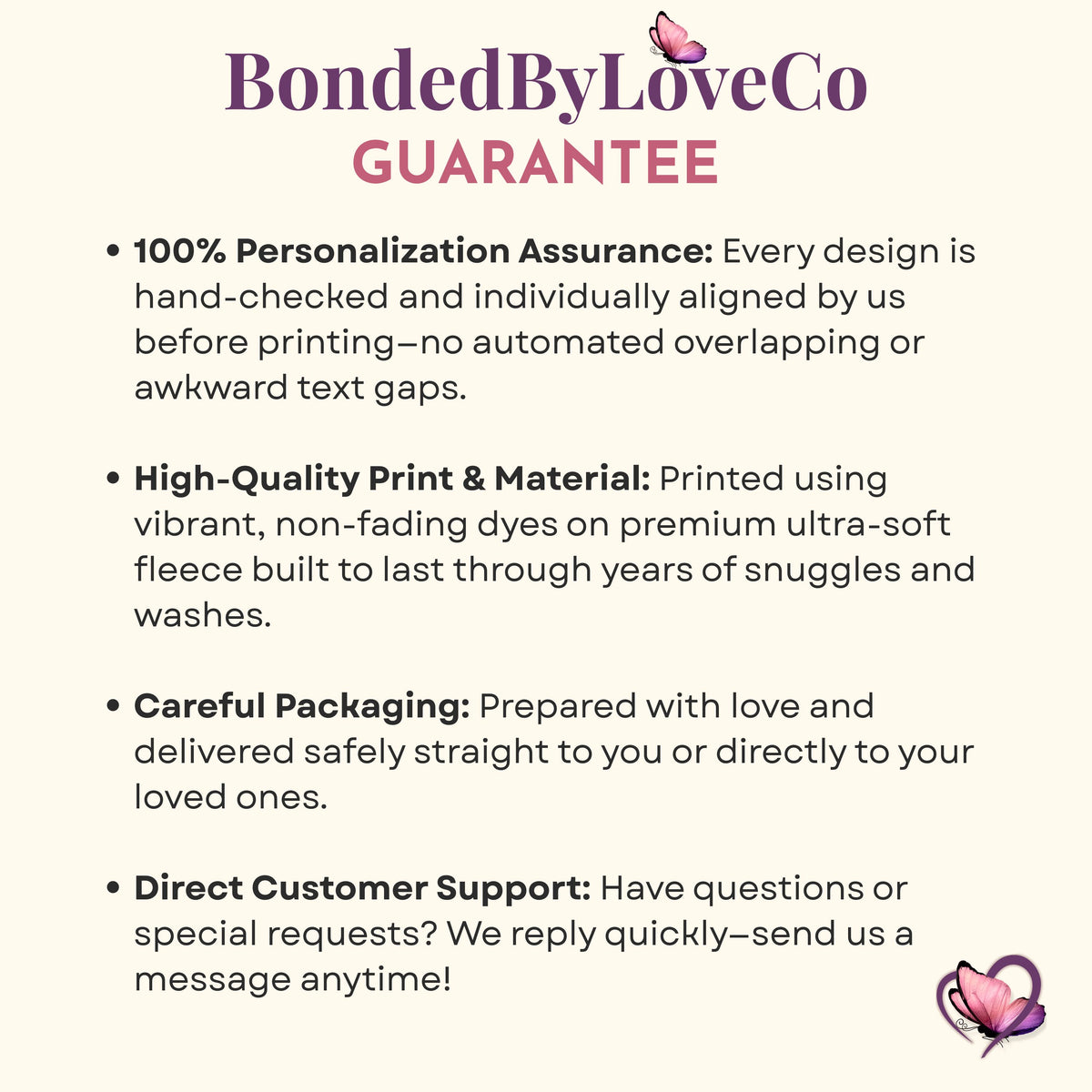 BondedByLoveCo guarantee image explaining hand-checked personalization, high-quality print, careful packaging, and customer support.