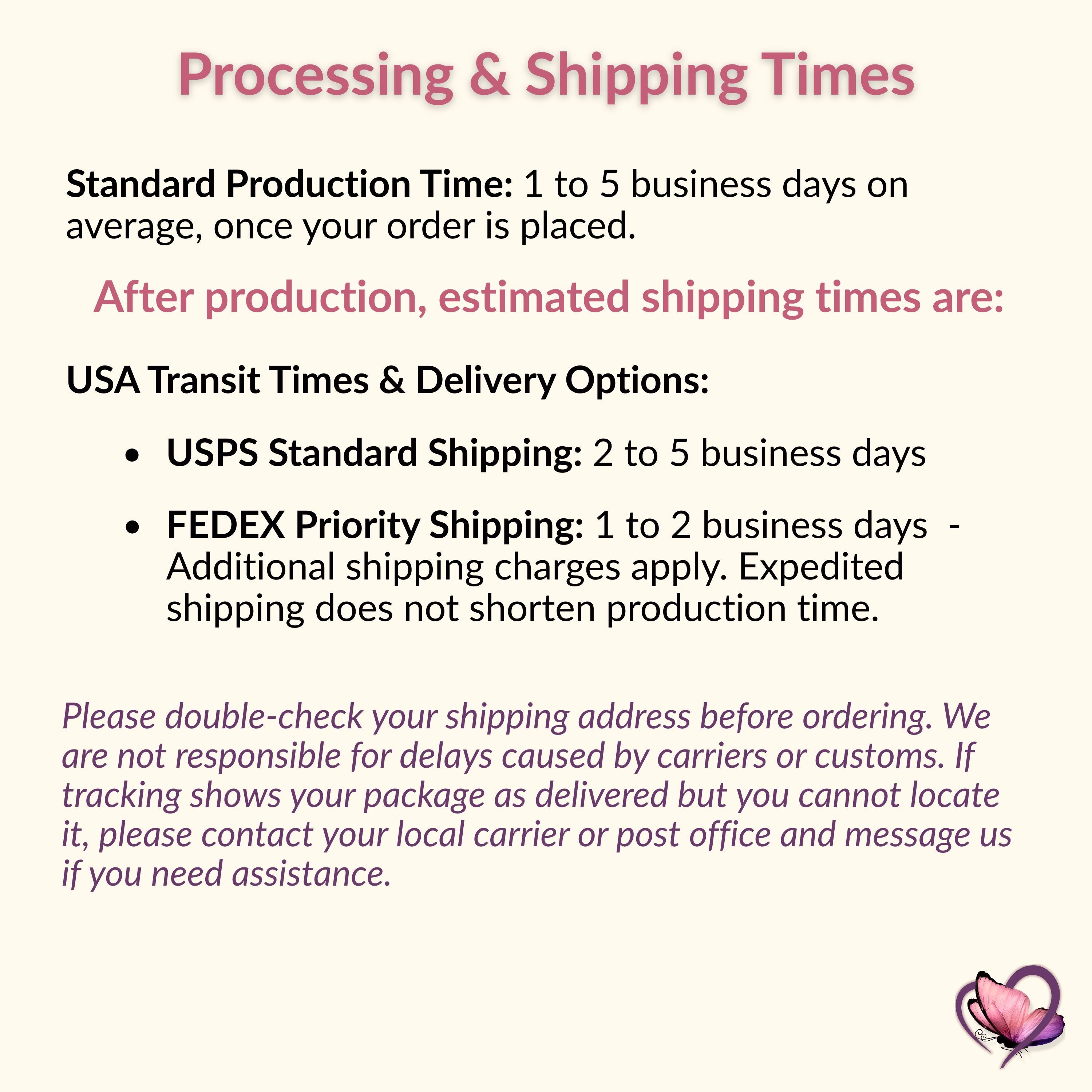 Processing and shipping times infographic showing standard production and USA delivery estimates for BondedByLoveCo orders