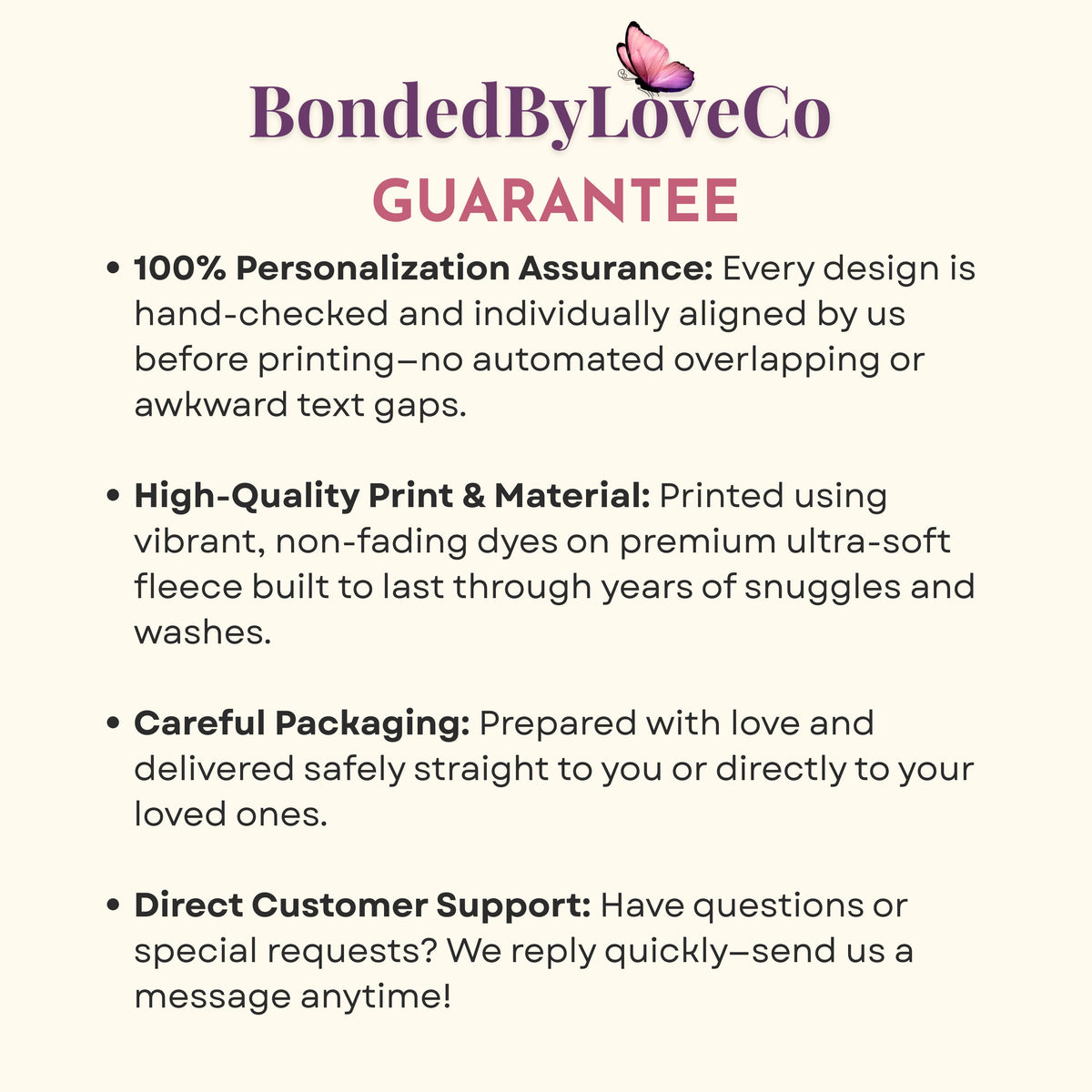 BondedByLoveCo Guarantee graphic highlighting personalization assurance, high quality print material, careful packaging, and direct customer support