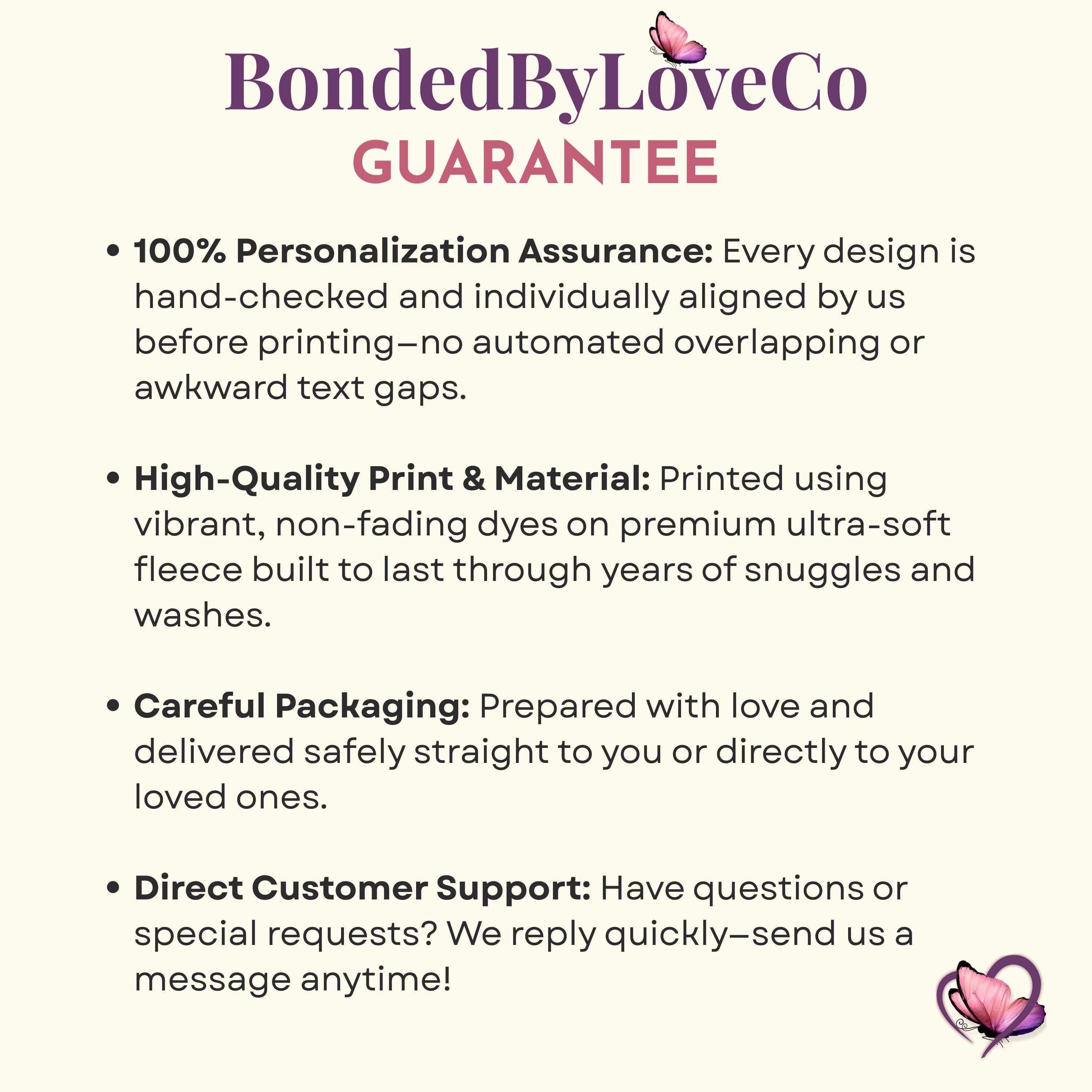 BondedByLoveCo guarantee image explaining hand-checked personalization, high-quality print, careful packaging, and customer support.