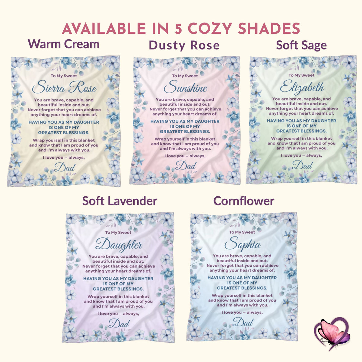Personalized daughter blanket from Dad shown in five cozy color options: Warm Cream, Dusty Rose, Soft Sage, Soft Lavender, and Cornflower. 
