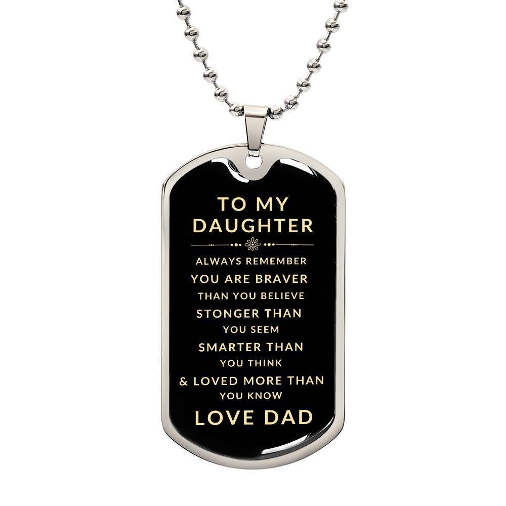 Personalized silver dog tag necklace pendant with inspirational message to daughter from dad