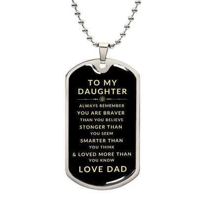Personalized silver dog tag necklace pendant with inspirational message to daughter from dad