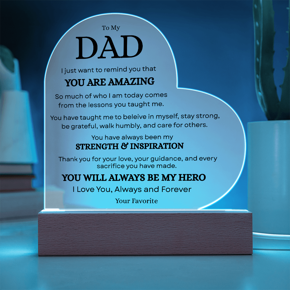 Personalized Dad acrylic plaque glowing with blue LED light
