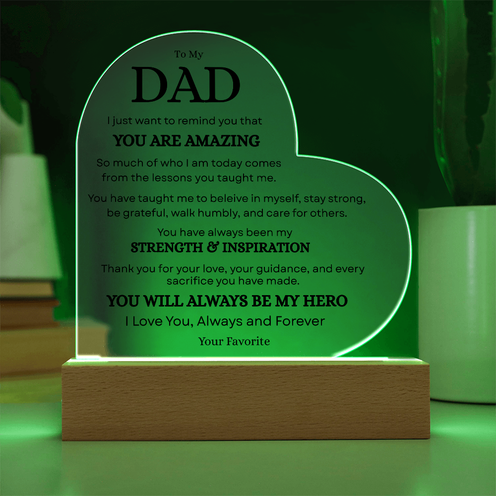 Personalized Dad acrylic plaque glowing with green LED light