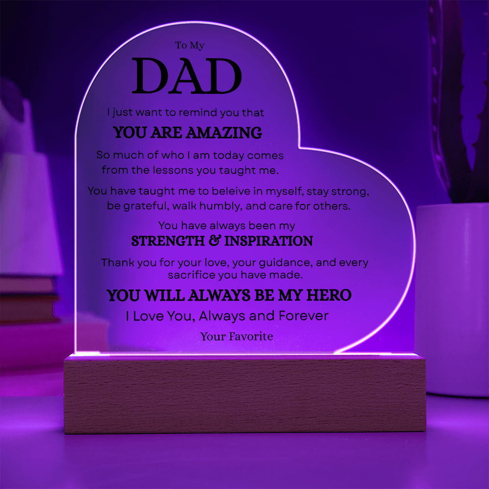 Personalized Dad acrylic plaque glowing with purple LED light
