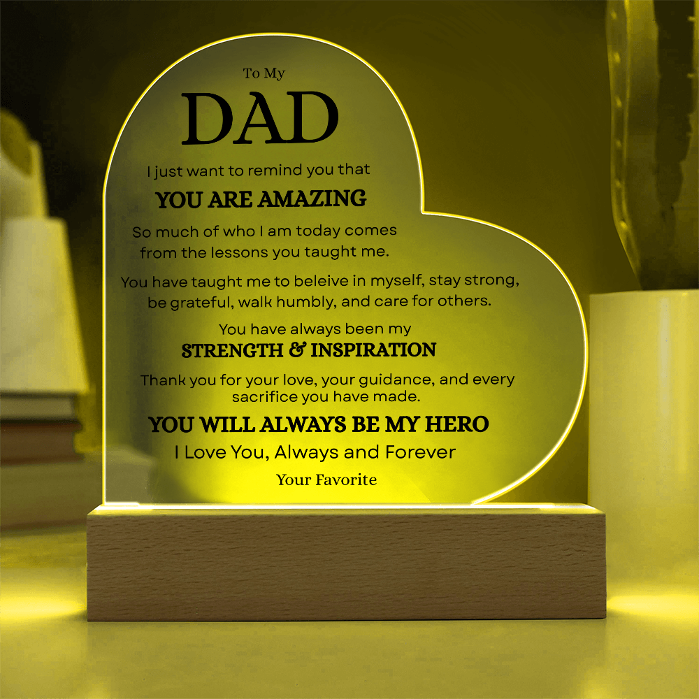 Personalized Dad acrylic plaque glowing with yellow LED light