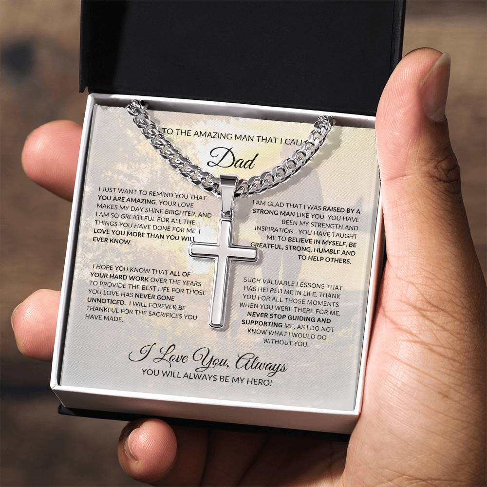 Dad cross necklace gift from daughter or son shown in a gift box with a sentimental To My Amazing Dad card.