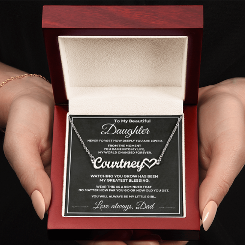 Silver personalized daughter name necklace and message card displayed inside an open mahogany-style luxury gift box.