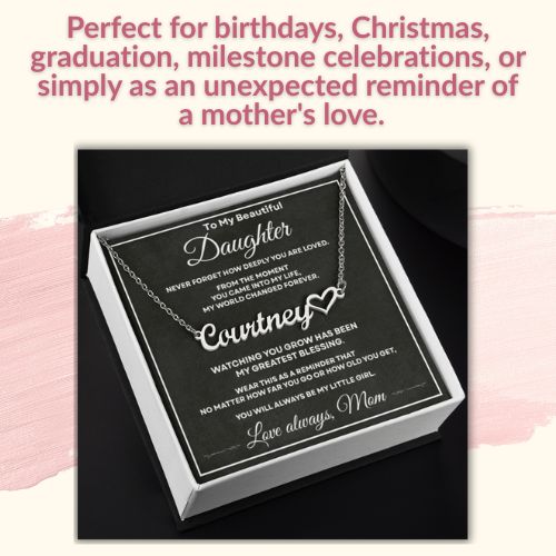 Personalized daughter necklace presented as a gift idea for birthdays, Christmas, graduation, milestones, or a surprise from Mom.