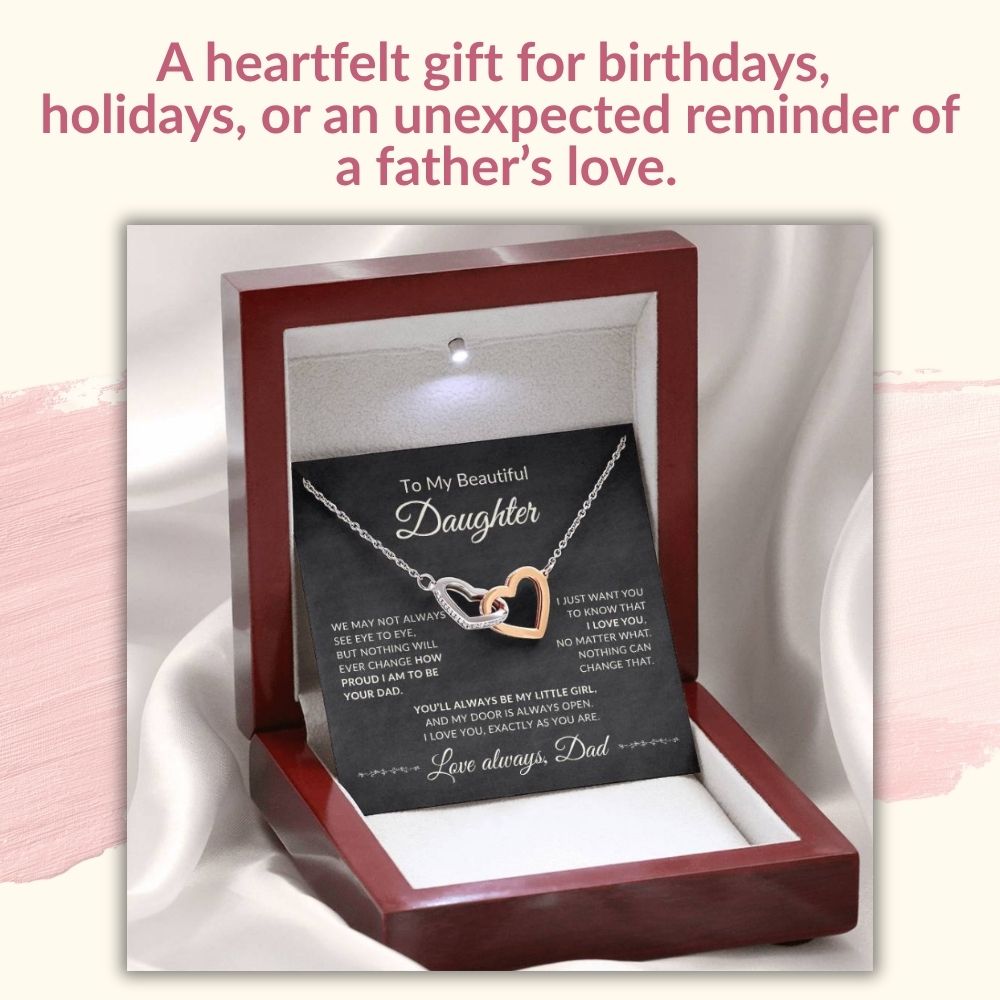 Interlocking hearts necklace in a mahogany-style luxury gift box featuring a header highlighting a heartfelt gift for birthdays, holidays, or an unexpected reminder of a father's love.