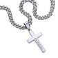 Close-up of a polished stainless steel cross necklace with Cuban chain and custom engraving option for Dad.