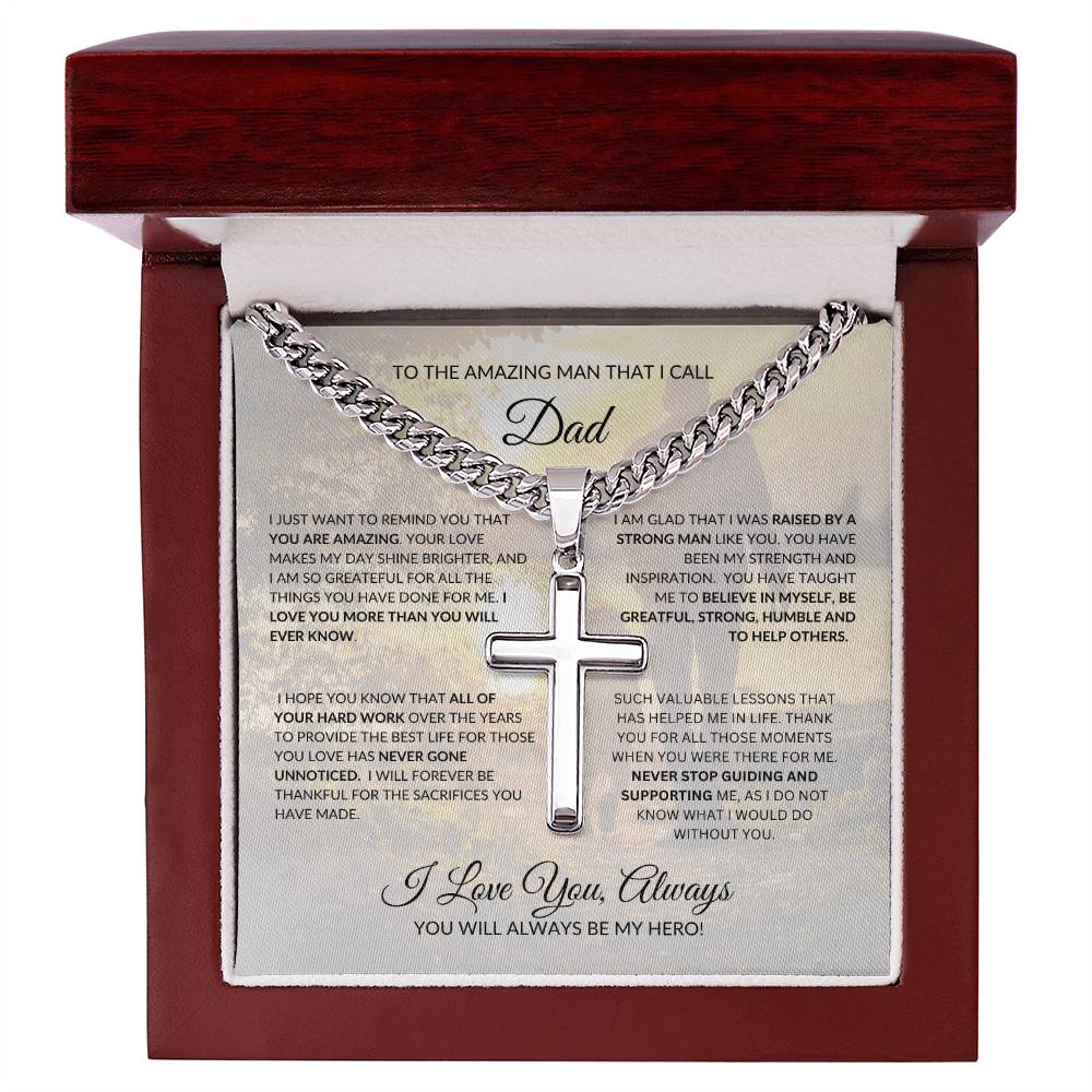 Father’s Day gift for Dad featuring a stainless steel cross necklace in a luxury gift box with message card.