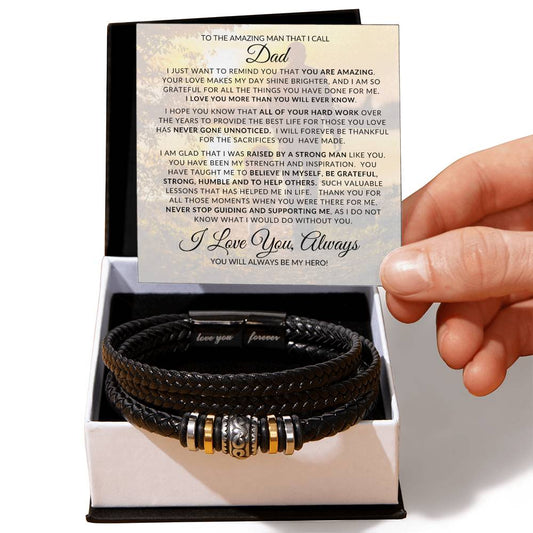 Father’s Day gift for Dad featuring a Love You Forever men’s bracelet in a gift box with a heartfelt message card.