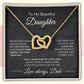 Gold interlocking hearts necklace with cubic zirconia crystals displayed inside an open gift box featuring a loving message card from Dad to his daughter.