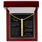 Gold overly engraved bar necklace with customizable names, dates, or words, to my Wife featured in the luxury box.