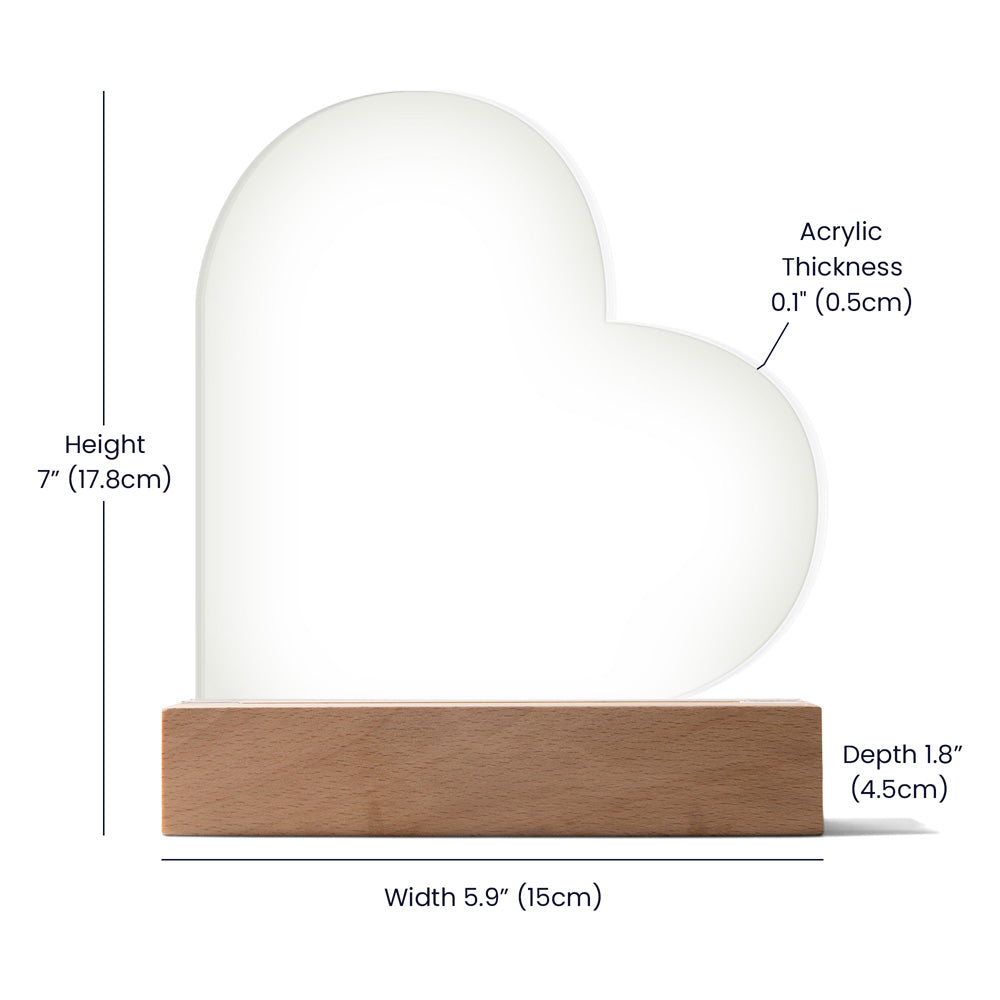Heart-shaped acrylic plaque size guide showing printed design area and dimensions
