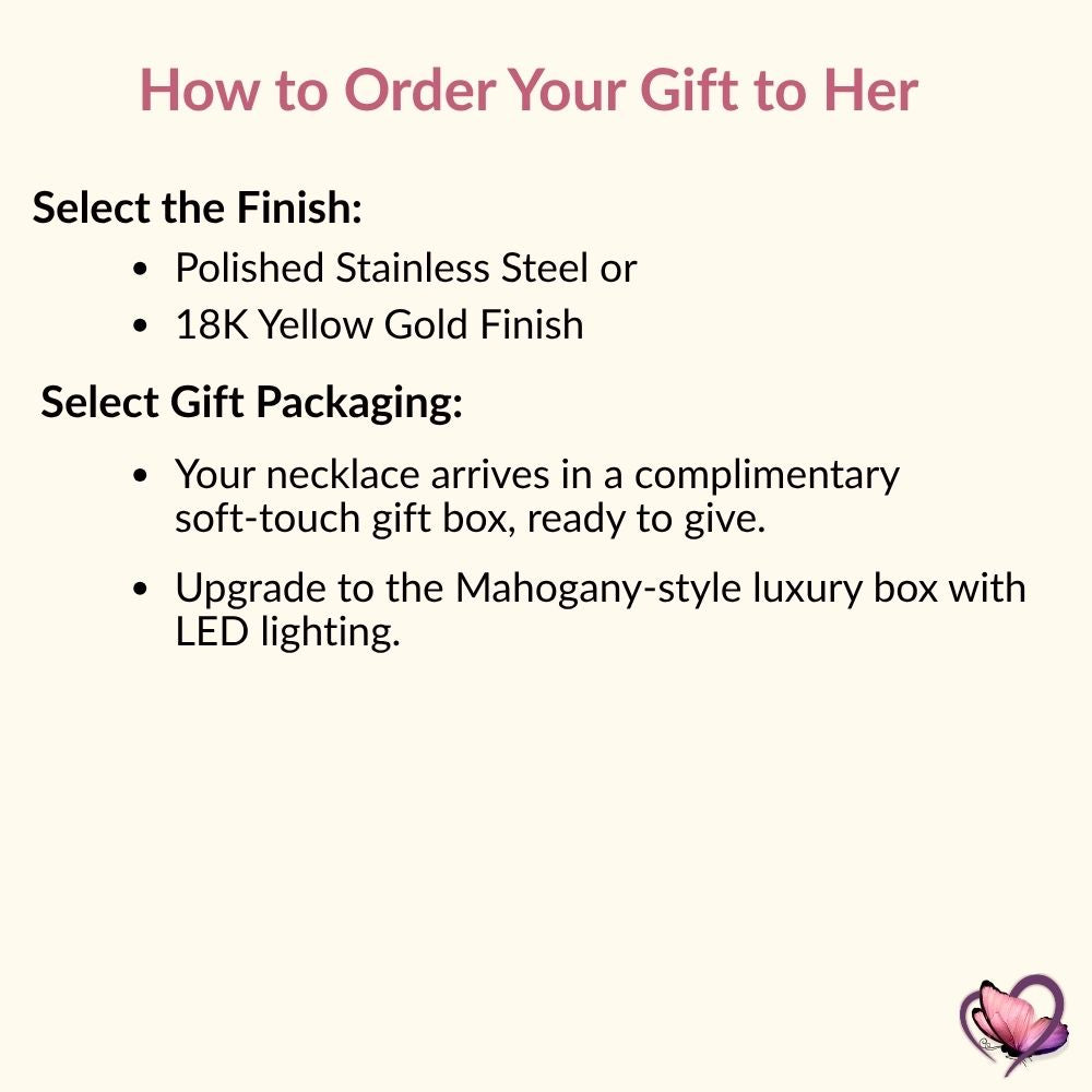 How to Order guide explaining how to select the finish in polished stainless steel or 18k yellow gold, and choose between the complimentary soft-touch gift box or the mahogany-style luxury box with LED lighting.